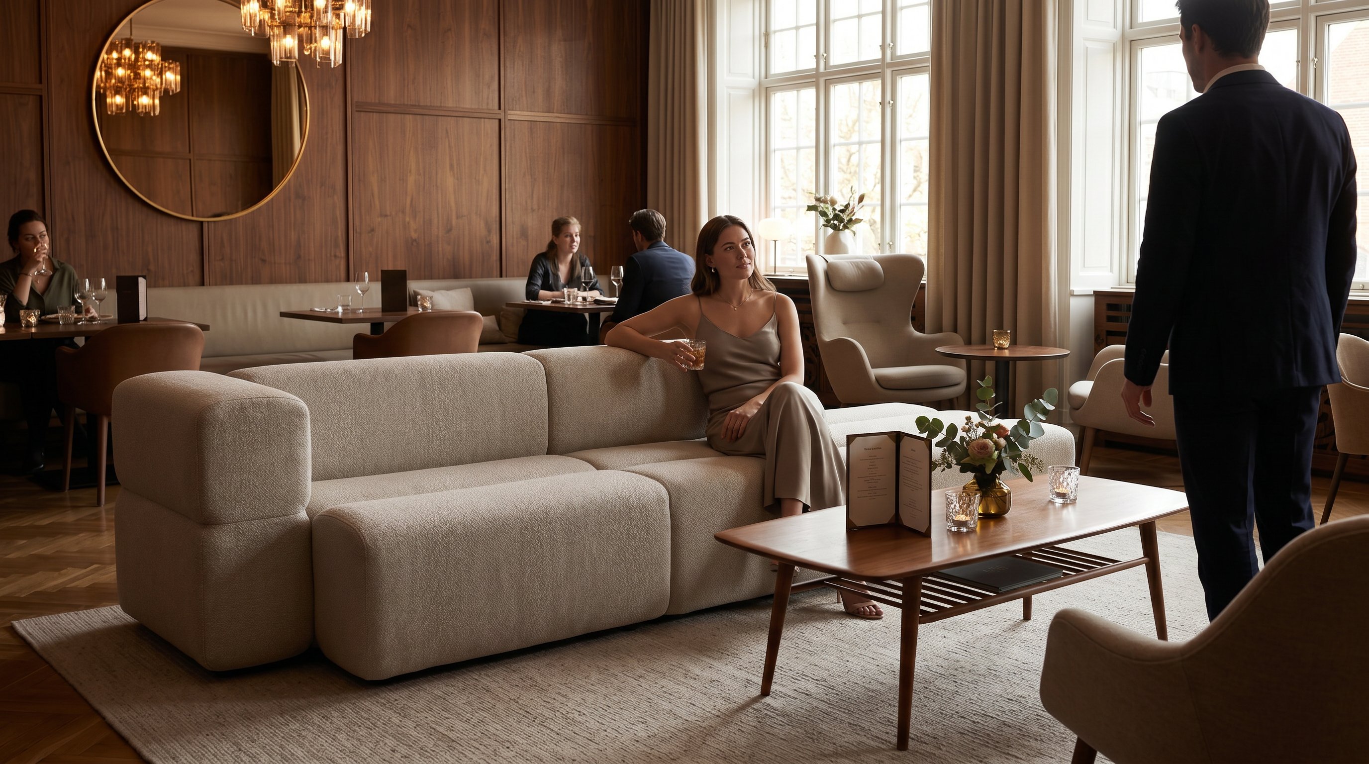 KEEEP modules in a warm, atmospheric hotel lounge with soft lighting and a clear sense of place.