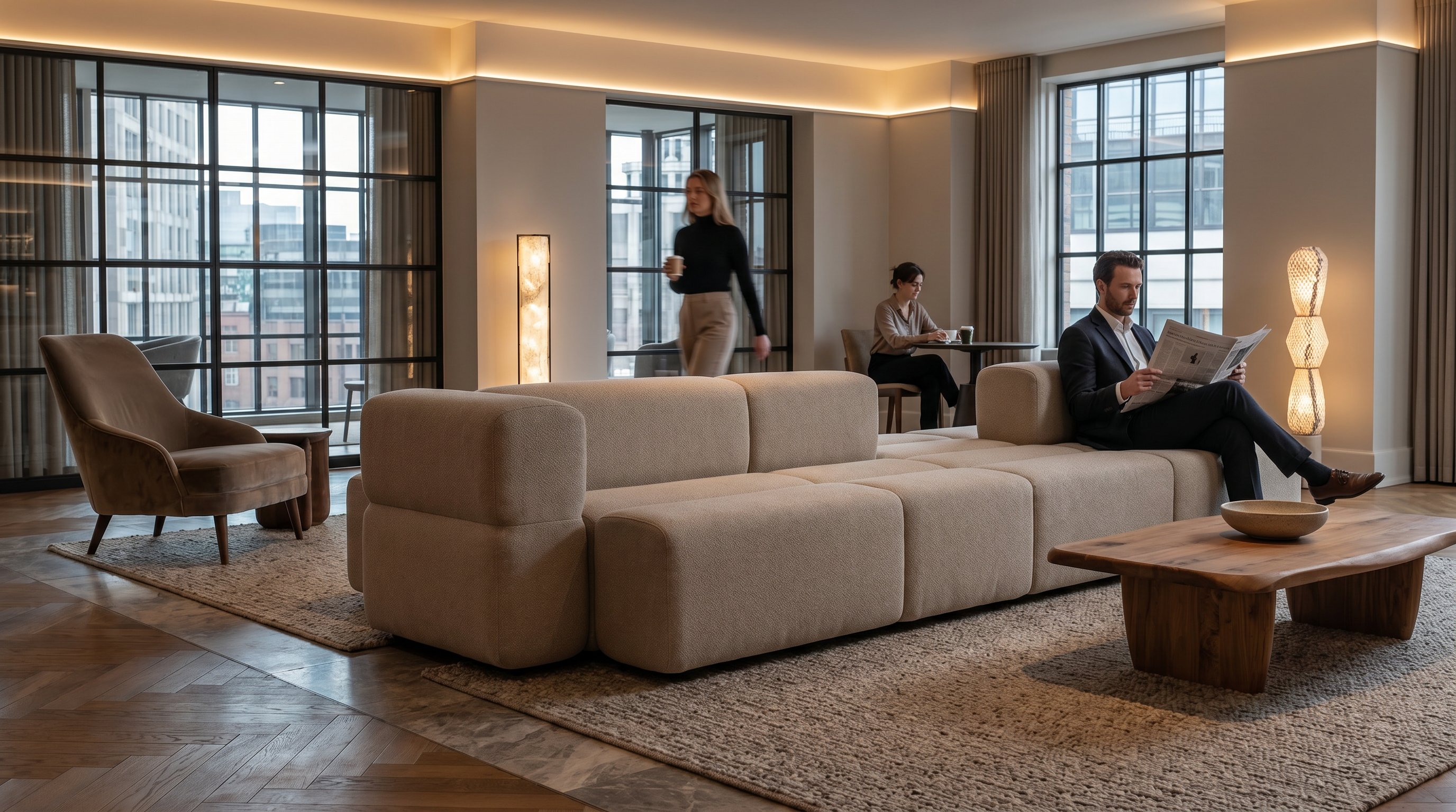 KEEEP configuration illustrating flexible use in a lounge — different arrangements side by side.