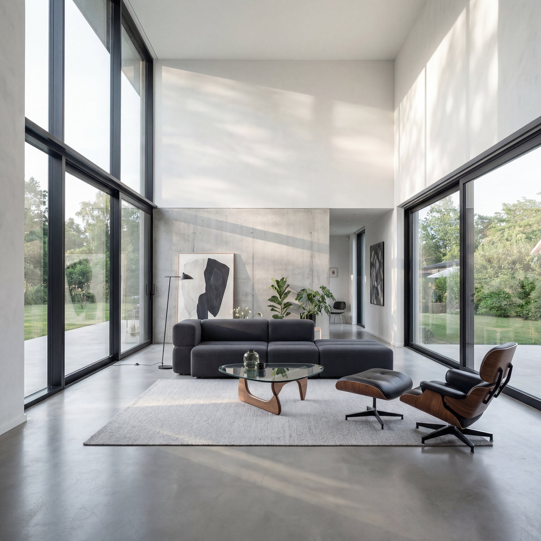 KEEEP sofa in dark grey in a bright, modern home with high ceilings and large garden windows.