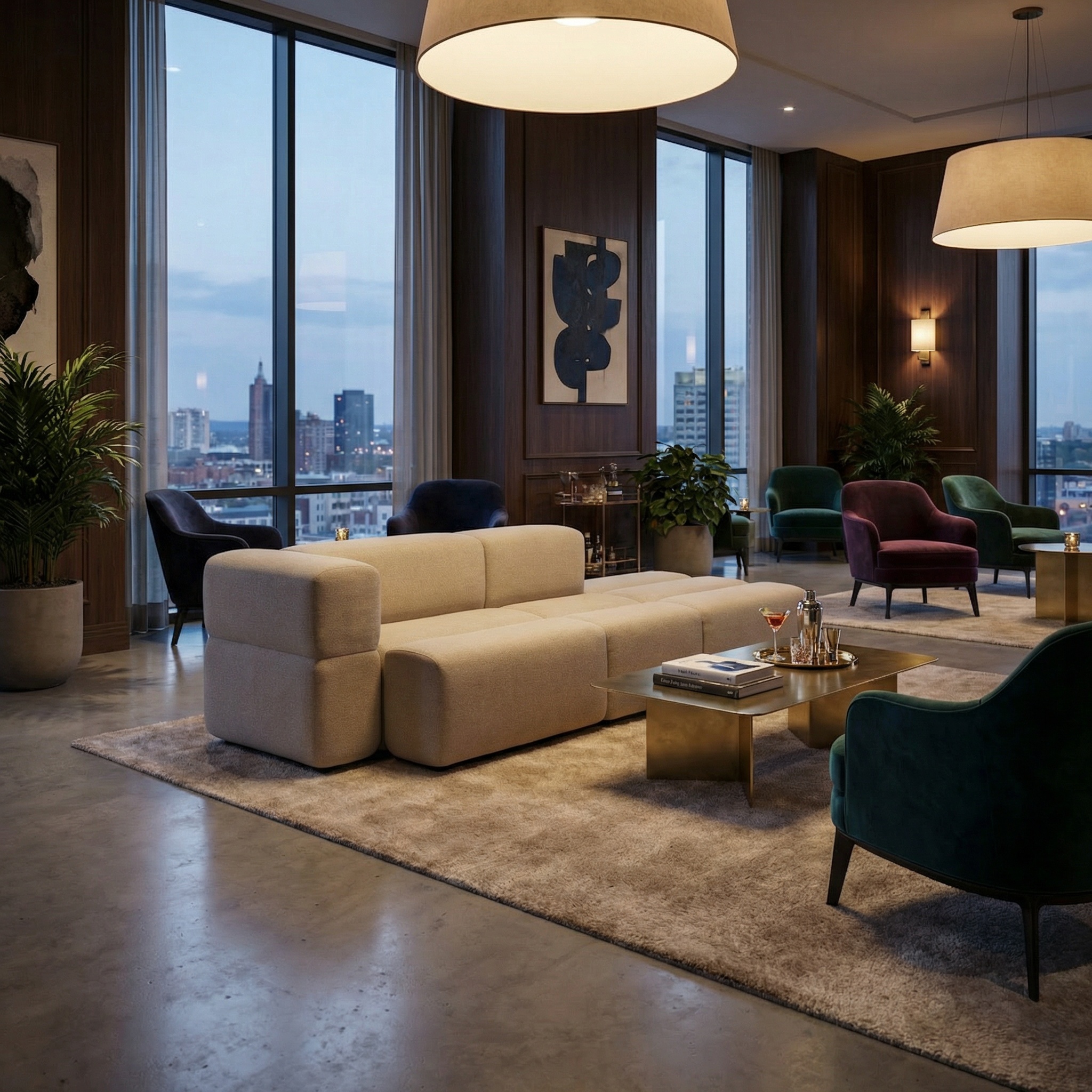 KEEEP modules in cream textile in a hotel lounge with colourful velvet chairs — same system, different textiles.