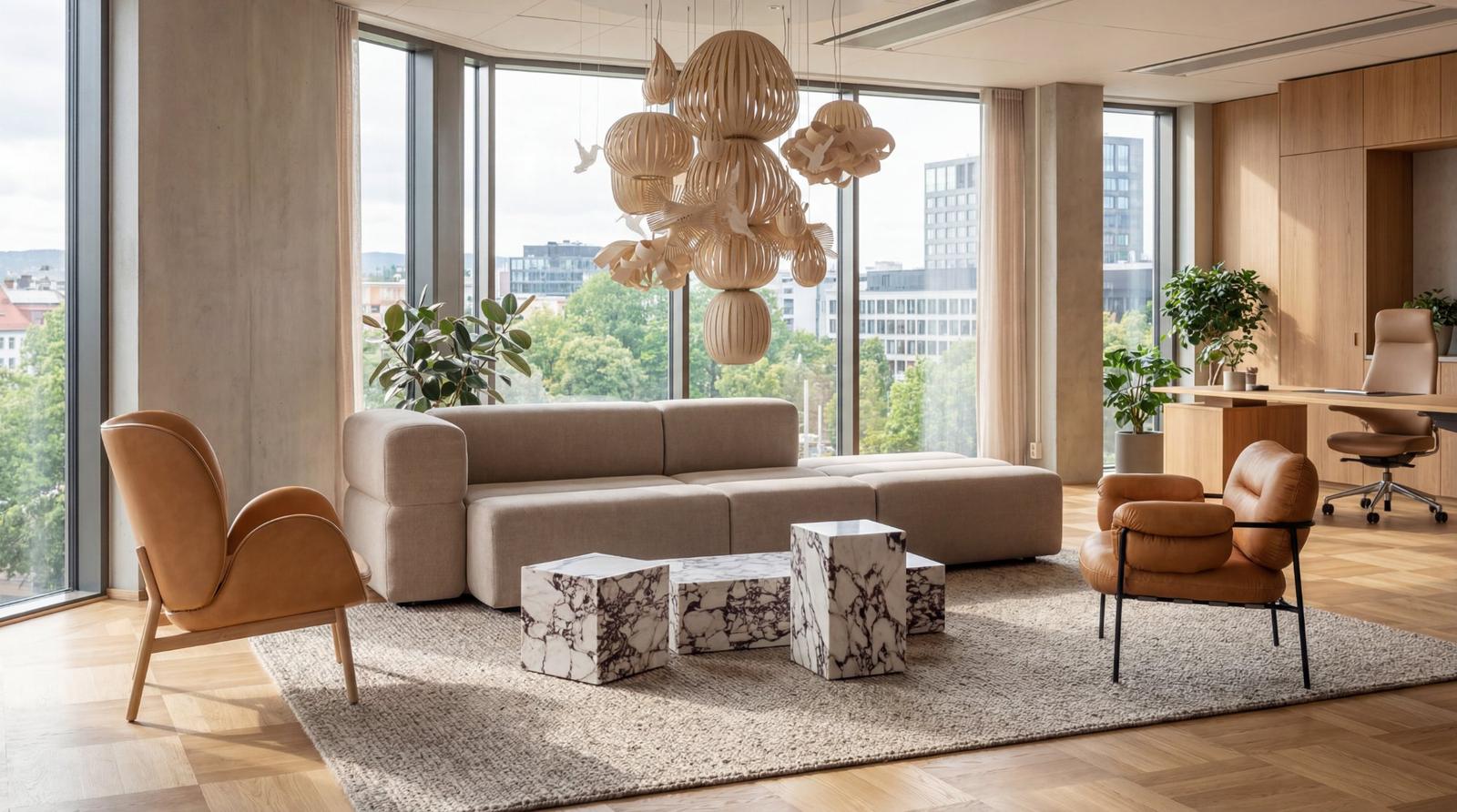 An established executive office with a KEEEP sofa in cream — furniture that belongs over time.